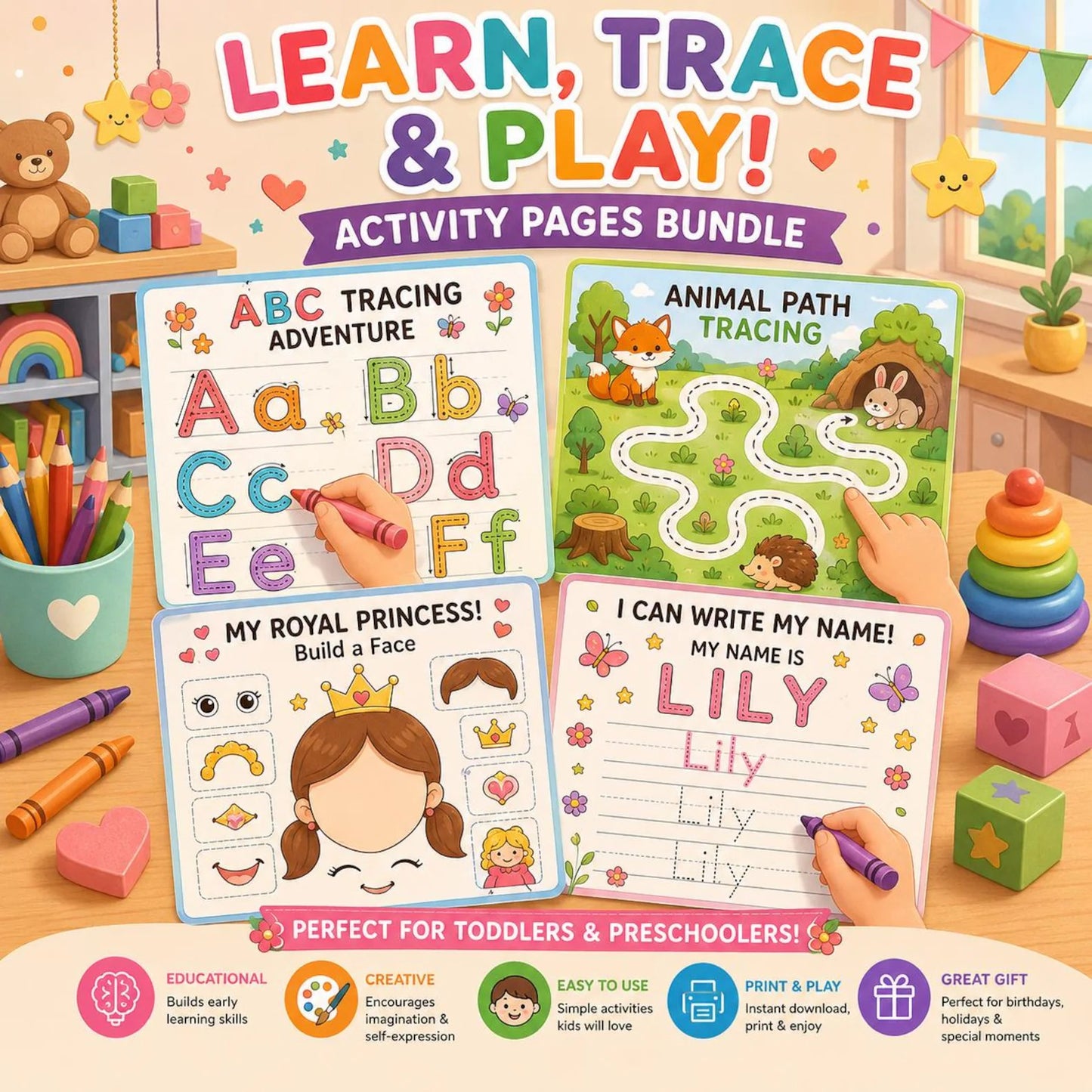 400+ Kids Learning Activities Bundle PLR MRR | Editable Canva Worksheets | Preschool & Kindergarten Printable