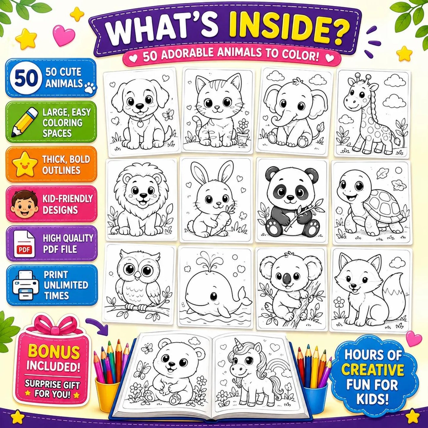 🦁 50 Cute Baby Animals Coloring Book for Kids (Digital PDF Download)