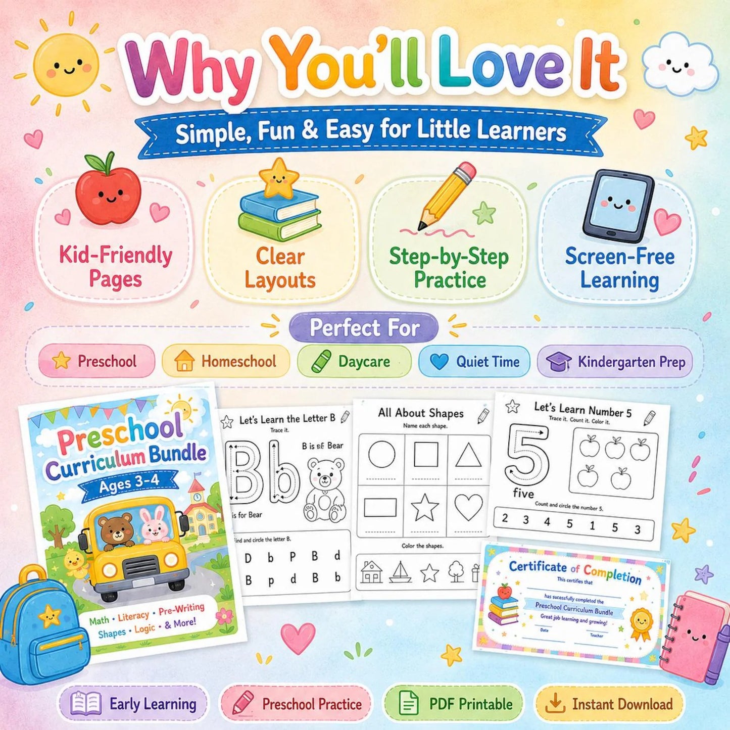Preschool Curriculum Bundle Ages 3–4 | 200+ Worksheets