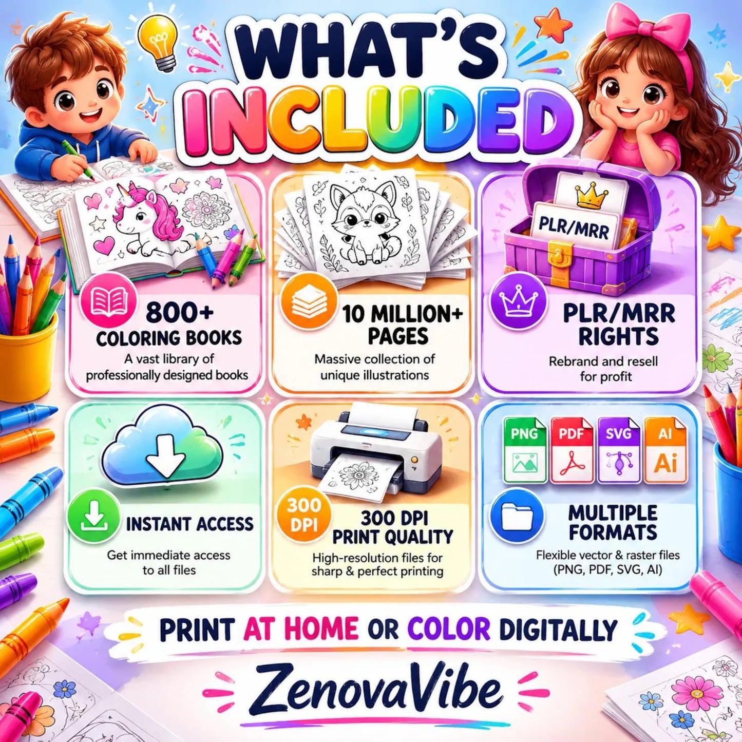 10,000+ Coloring Pages Mega Bundle PLR Kids & Adults, Gift | Digital Products Selling