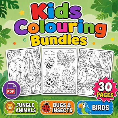 30 Jungle Animals Coloring Pages Bundle for Kids | Bugs & Birds Printable PDF Activity Book