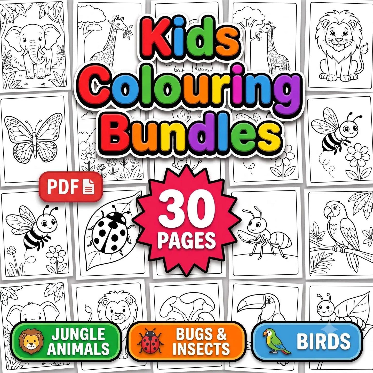 30 Jungle Animals Coloring Pages Bundle for Kids | Bugs & Birds Printable PDF Activity Book
