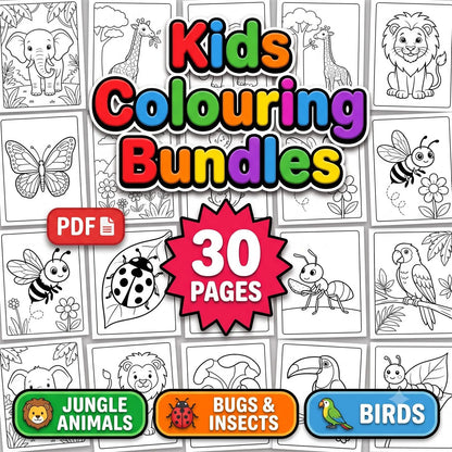30 Jungle Animals Coloring Pages Bundle for Kids | Bugs & Birds Printable PDF Activity Book