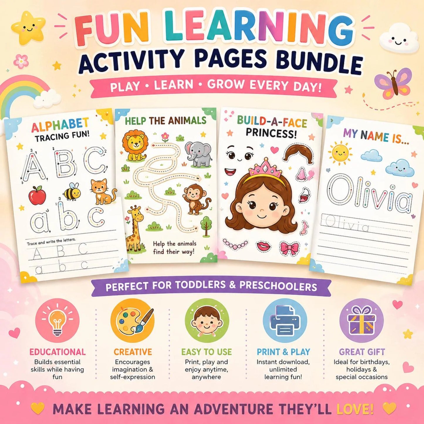 400+ Kids Learning Activities Bundle PLR MRR | Editable Canva Worksheets | Preschool & Kindergarten Printable