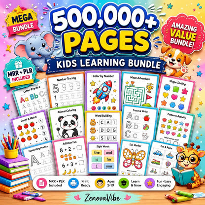 500,000+ Kids Educational Printables Bundle PLR MRR | Printable Worksheets, Coloring Pages, Busy Books, Flashcards, Homeschool Curriculum, Learning Games | Commercial Use | Instant Download