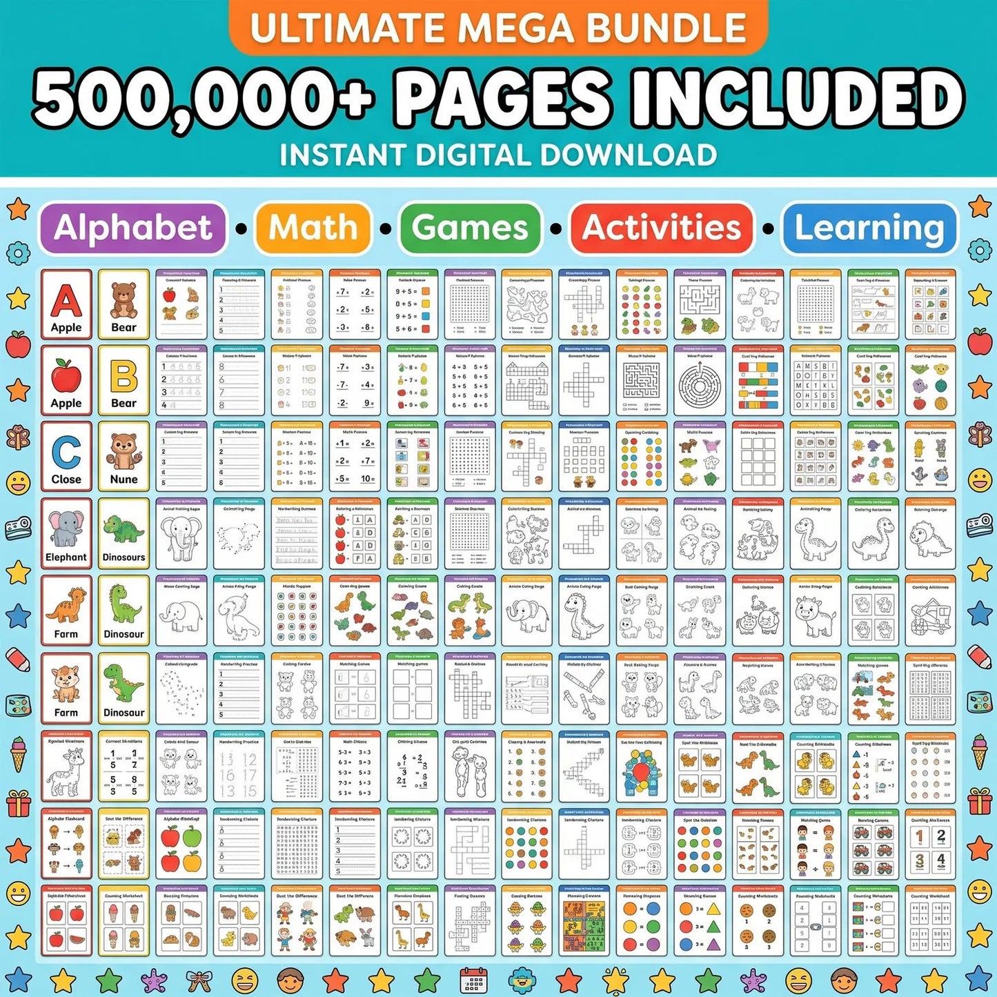 500,000+ Kids Learning Pages Bundle | Printable PDF Worksheets + Canva Templates | Preschool & Kindergarten Educational Activities | Digital Download
