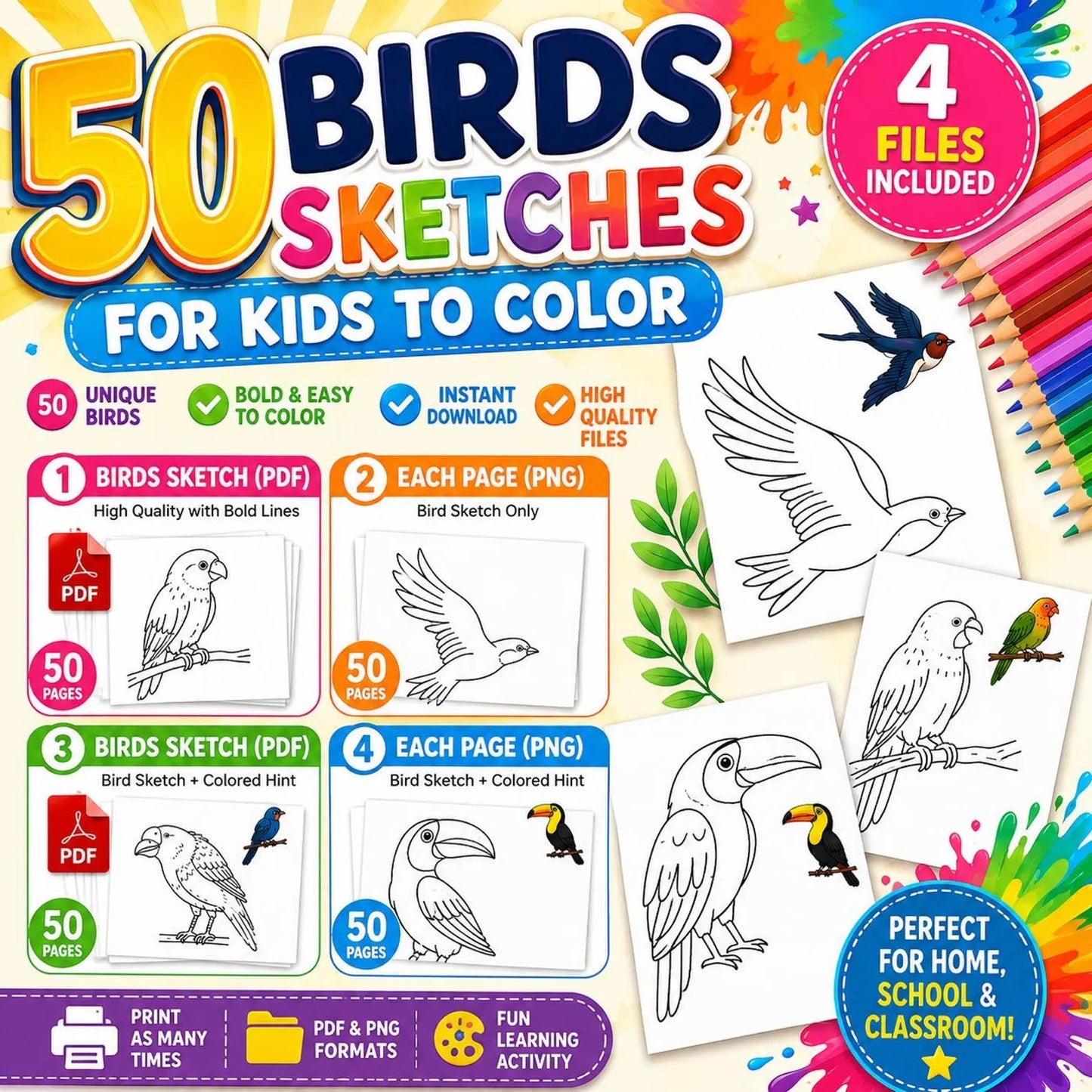 50 Bird Coloring Pages for Kids | Printable Bird Coloring Book | Learning Worksheets
