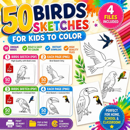 50 Bird Coloring Pages for Kids | Printable Bird Coloring Book | Learning Worksheets