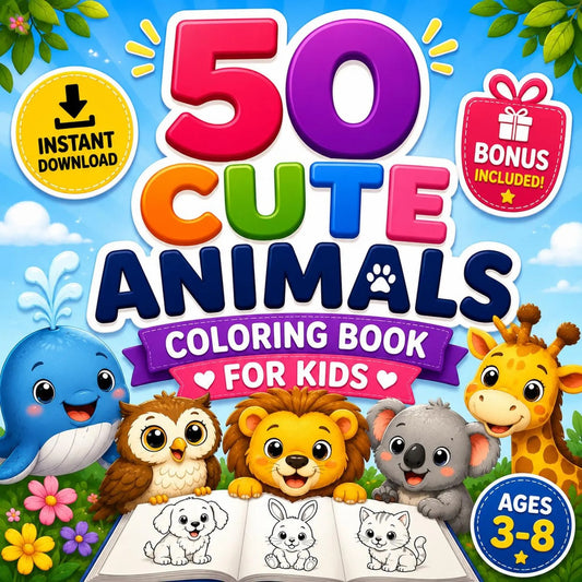 🦁 50 Cute Baby Animals Coloring Book for Kids (Digital PDF Download)