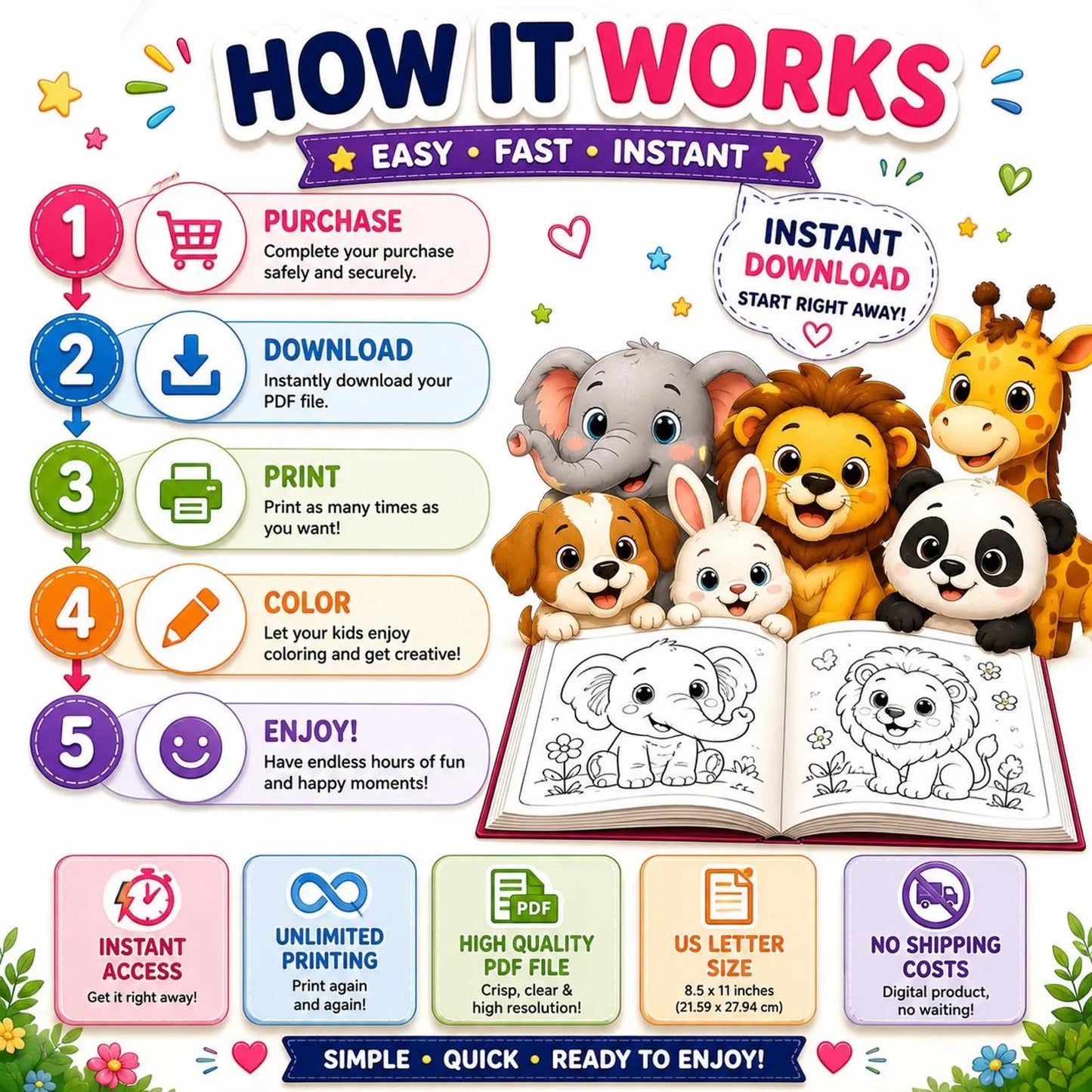 🦁 50 Cute Baby Animals Coloring Book for Kids (Digital PDF Download)