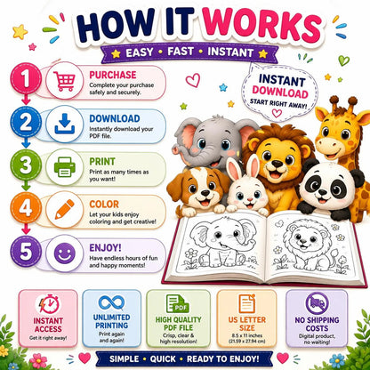 🦁 50 Cute Baby Animals Coloring Book for Kids (Digital PDF Download)