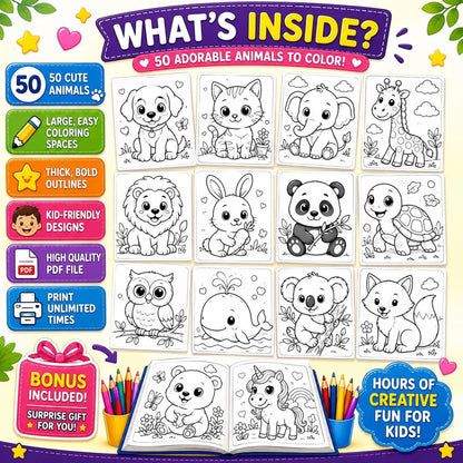 🦁 50 Cute Baby Animals Coloring Book for Kids (Digital PDF Download)