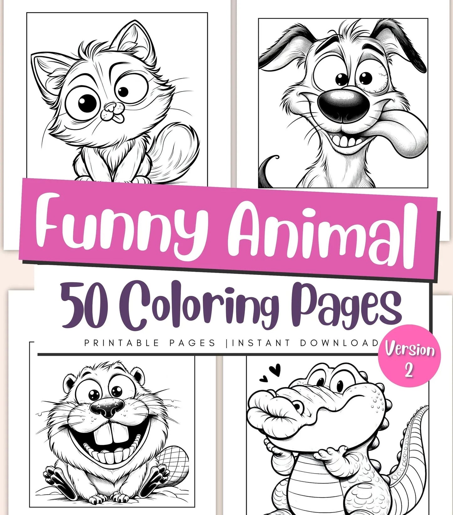50 Funny Animal Coloring Pages for Kids & Adults | Cute Printable PDF Coloring Book | Fun Activity Sheets