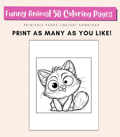 50 Funny Animal Coloring Pages for Kids & Adults | Cute Printable PDF Coloring Book | Fun Activity Sheets
