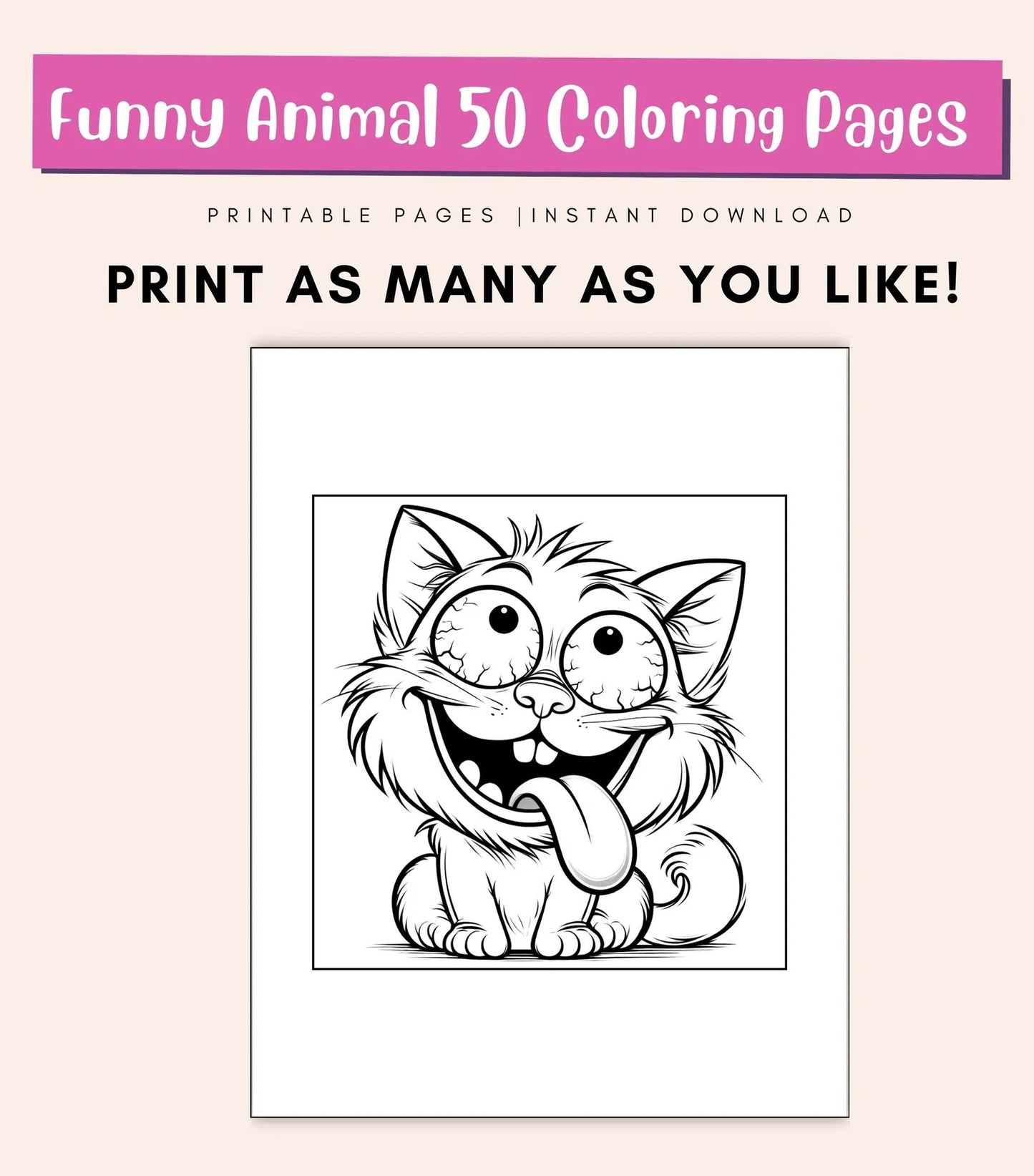 50 Funny Animal Coloring Pages for Kids & Adults | Cute Printable PDF Coloring Book | Fun Activity Sheets