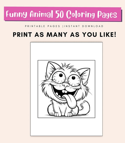 50 Funny Animal Coloring Pages for Kids & Adults | Cute Printable PDF Coloring Book | Fun Activity Sheets