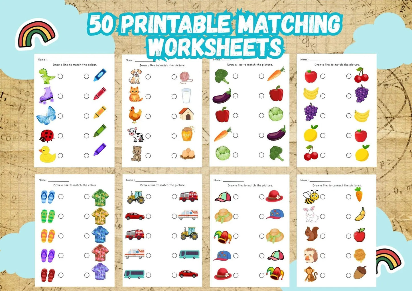 50 Printable Matching Worksheets for Preschool & Toddlers | Match the Picture, Color & Shapes | Kindergarten Learning Activity