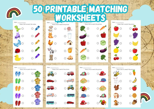 50 Printable Matching Worksheets for Preschool & Toddlers | Match the Picture, Color & Shapes | Kindergarten Learning Activity