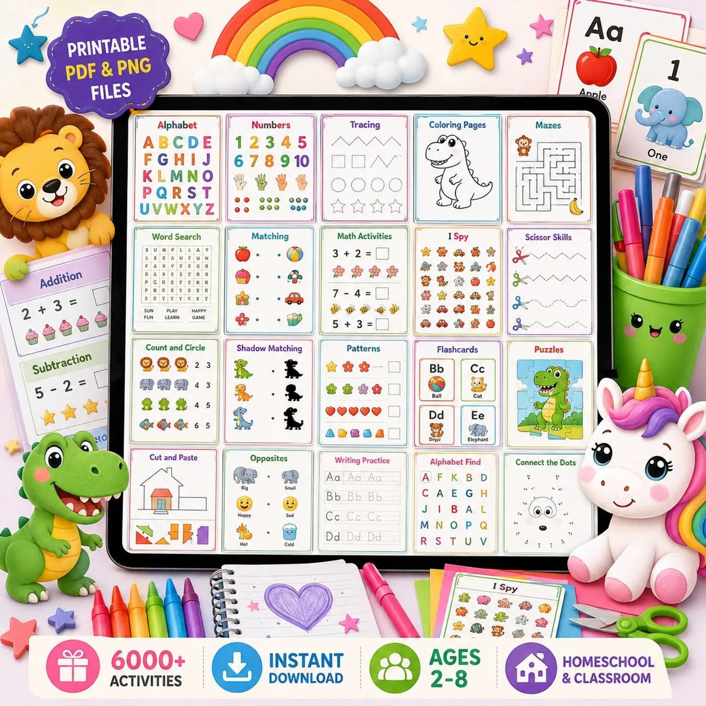 🚀 6000+ Kids Activities Mega Bundle | Printable Preschool Worksheets | Homeschool Learning Pack | ABC, Math, Tracing, Coloring, Kindergarten PDF Activities | Instant Download