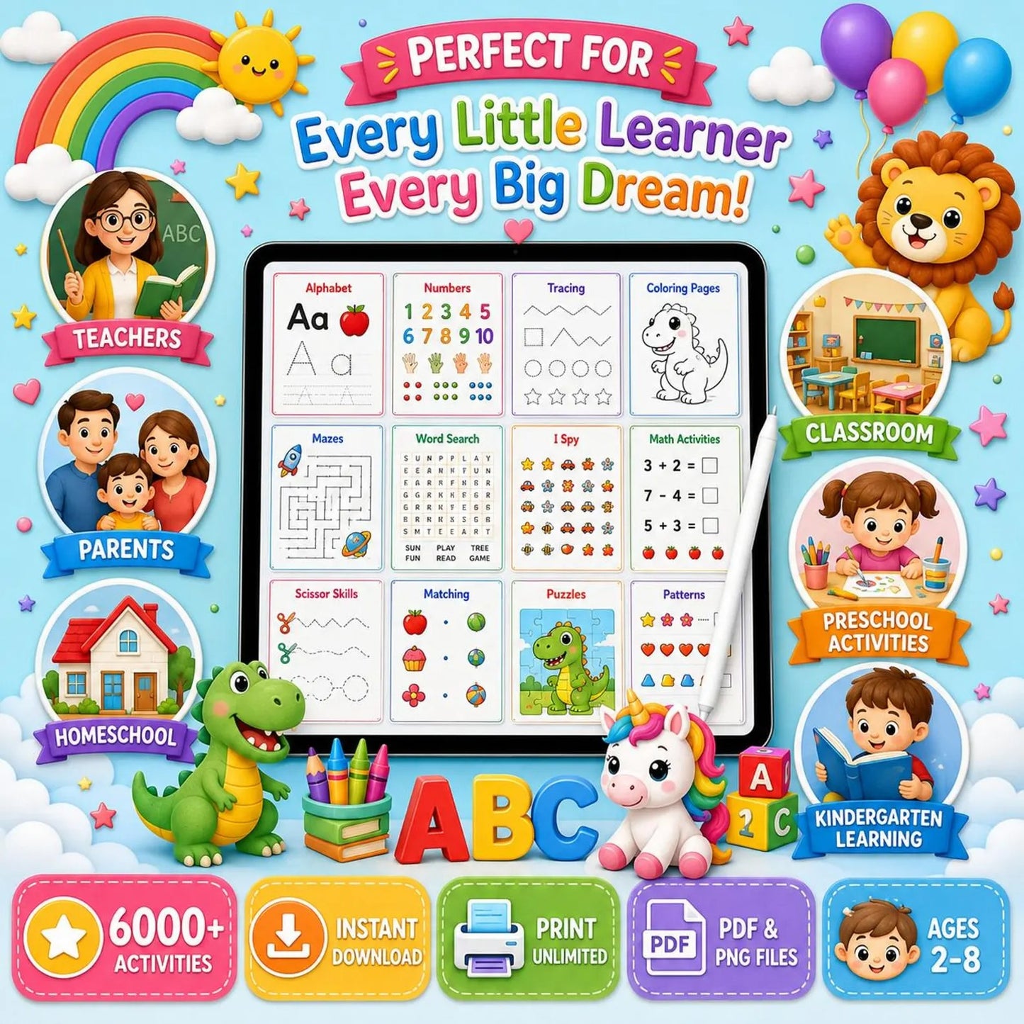 🚀 6000+ Kids Activities Mega Bundle | Printable Preschool Worksheets | Homeschool Learning Pack | ABC, Math, Tracing, Coloring, Kindergarten PDF Activities | Instant Download