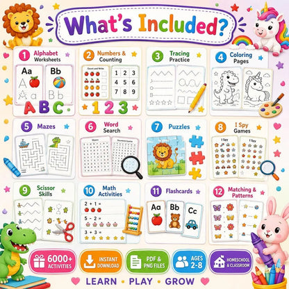 🚀 6000+ Kids Activities Mega Bundle | Printable Preschool Worksheets | Homeschool Learning Pack | ABC, Math, Tracing, Coloring, Kindergarten PDF Activities | Instant Download
