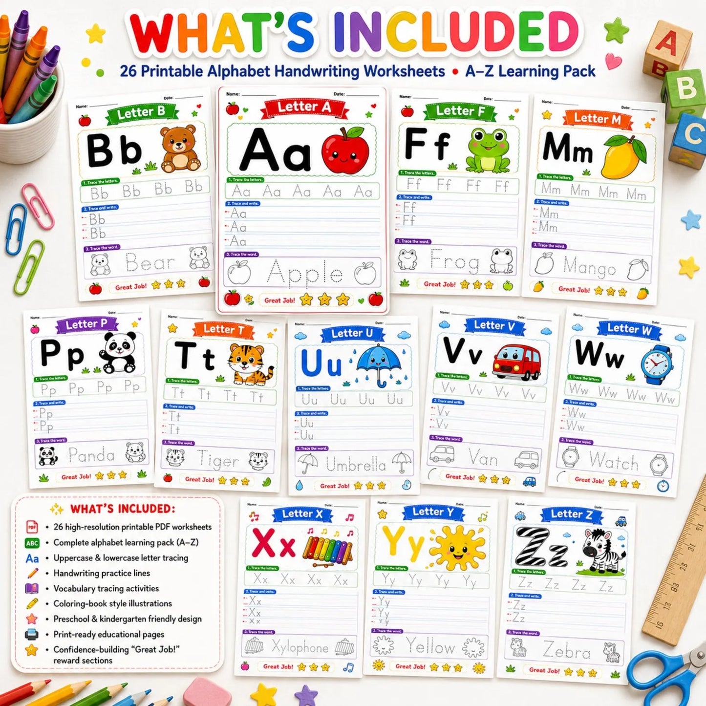 A-Z Alphabet Tracing Worksheets | Preschool ABC Handwriting Printable PDF