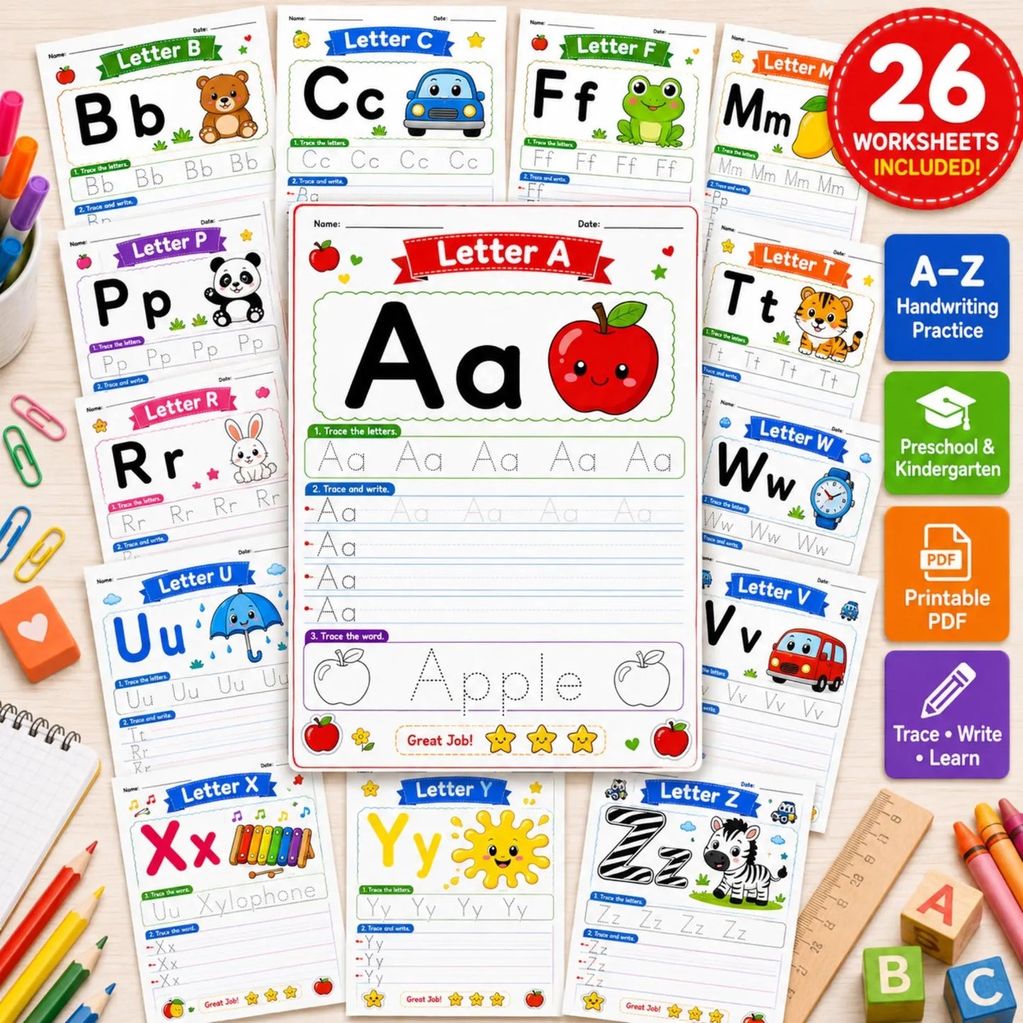 A-Z Alphabet Tracing Worksheets | Preschool ABC Handwriting Printable PDF