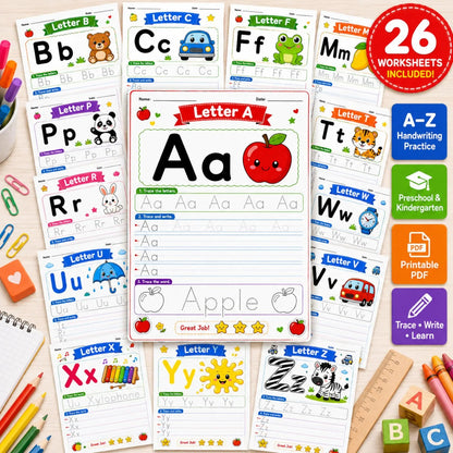A-Z Alphabet Tracing Worksheets | Preschool ABC Handwriting Printable PDF