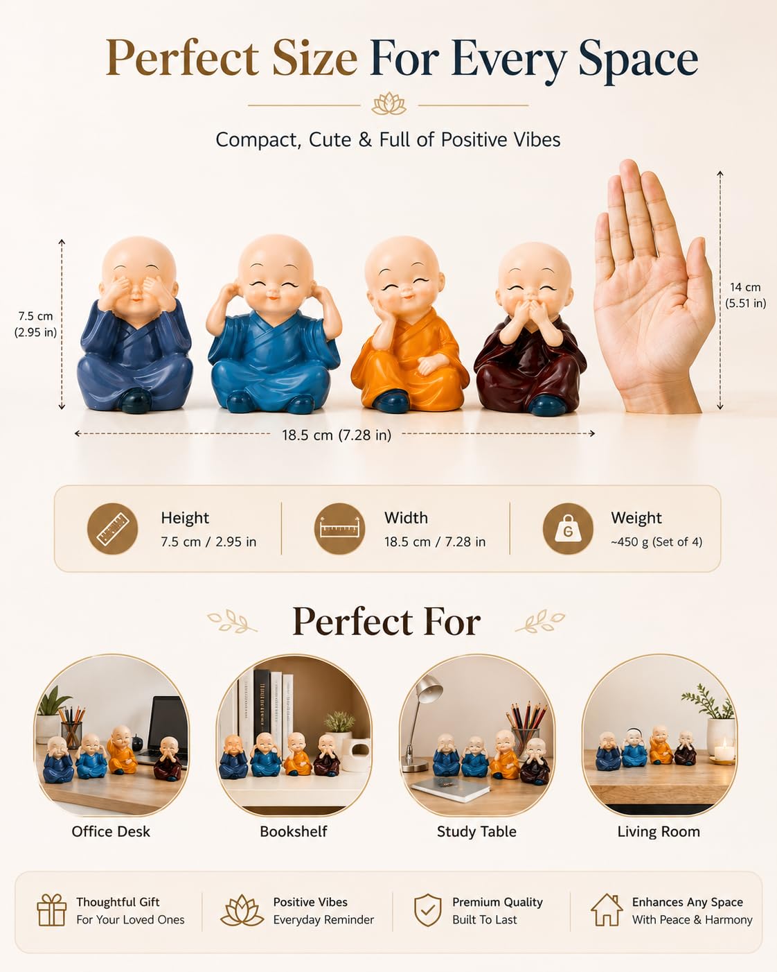 Baby Monk Statue Set of 4 for Home Decor |  Multi-Coloured