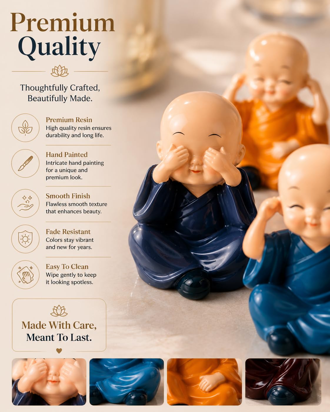 Baby Monk Statue Set of 4 for Home Decor |  Multi-Coloured