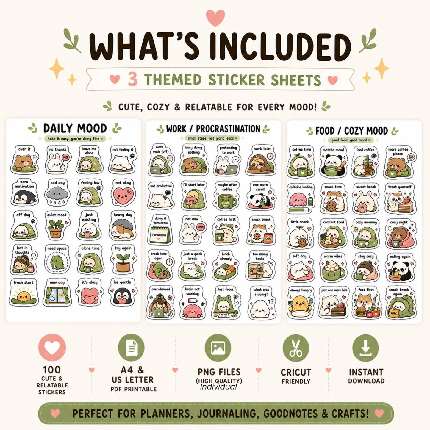 Digital Planner Stickers Bundle – 100 Cute PNG GoodNotes Stickers for Daily Life, Self Care, Cozy Aesthetic iPad Journal | Digital Products