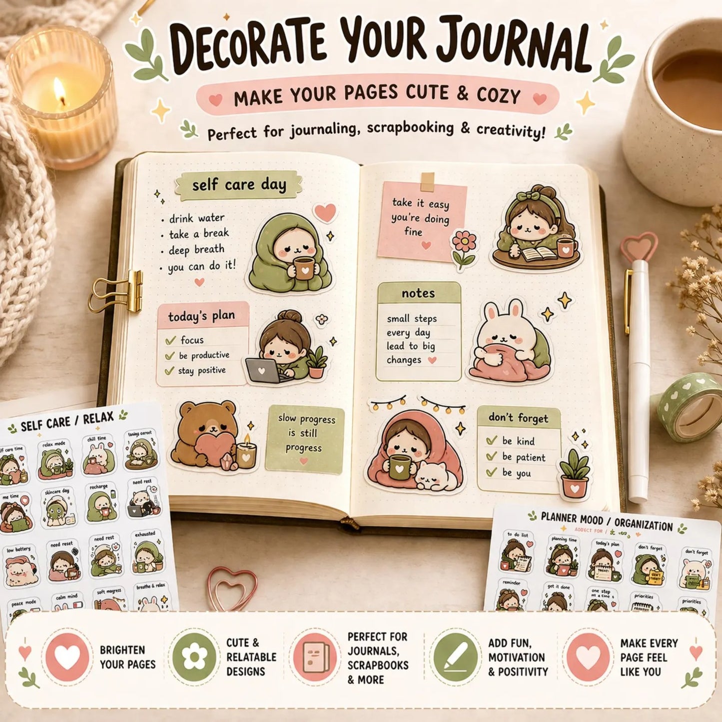 Digital Planner Stickers Bundle – 100 Cute PNG GoodNotes Stickers for Daily Life, Self Care, Cozy Aesthetic iPad Journal | Digital Products