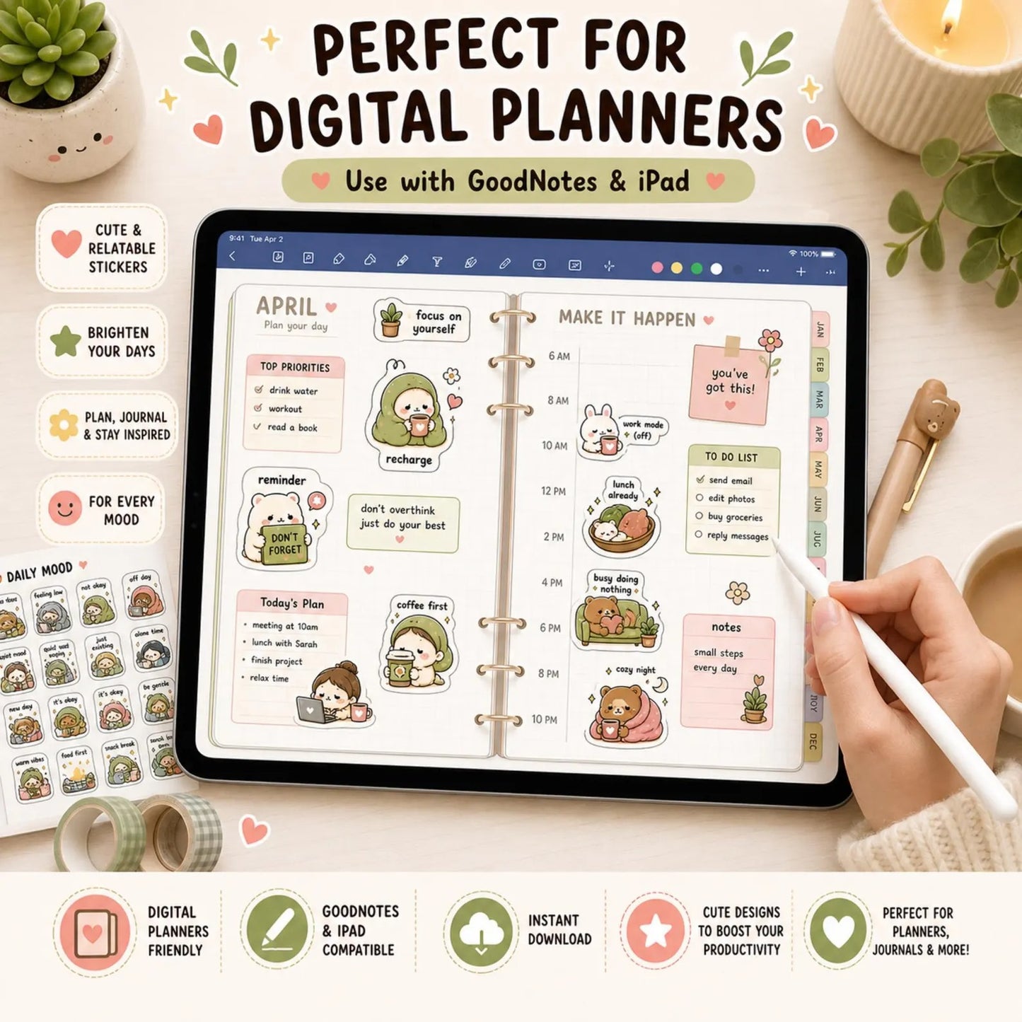 Digital Planner Stickers Bundle – 100 Cute PNG GoodNotes Stickers for Daily Life, Self Care, Cozy Aesthetic iPad Journal | Digital Products