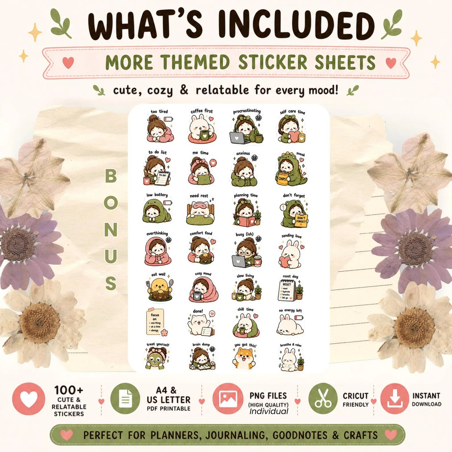 Digital Planner Stickers Bundle – 100 Cute PNG GoodNotes Stickers for Daily Life, Self Care, Cozy Aesthetic iPad Journal | Digital Products
