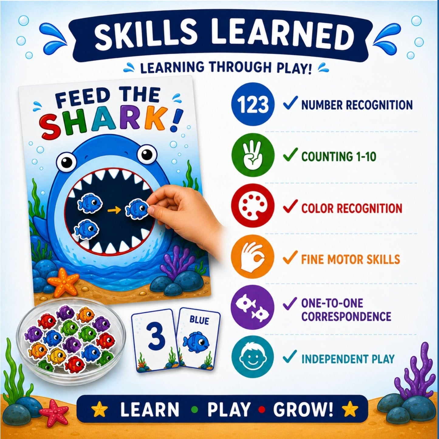 Feed the Shark Counting Game Printable | Numbers 1–10 & Color Recognition | Preschool Math Activity