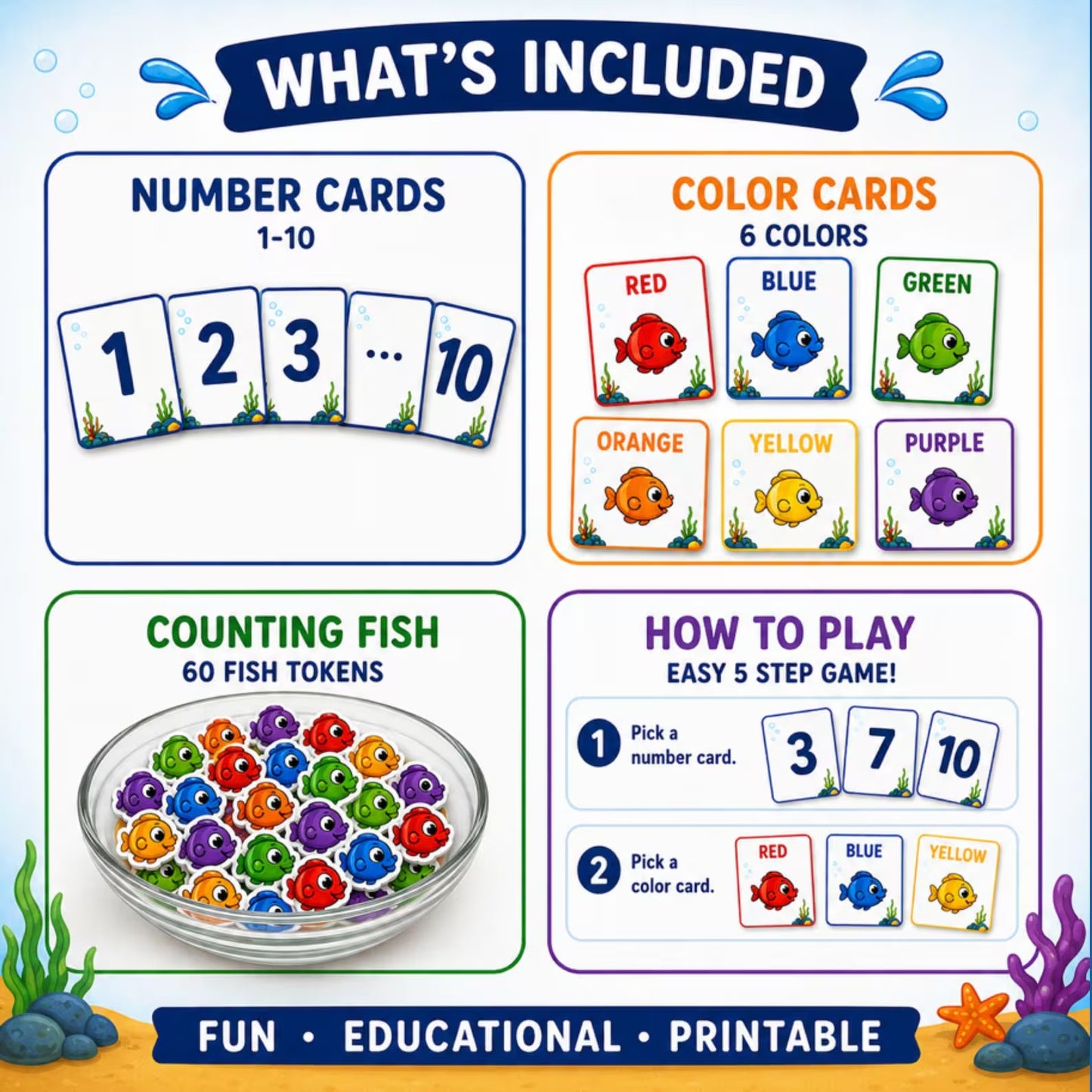 Feed the Shark Counting Game Printable | Numbers 1–10 & Color Recognition | Preschool Math Activity
