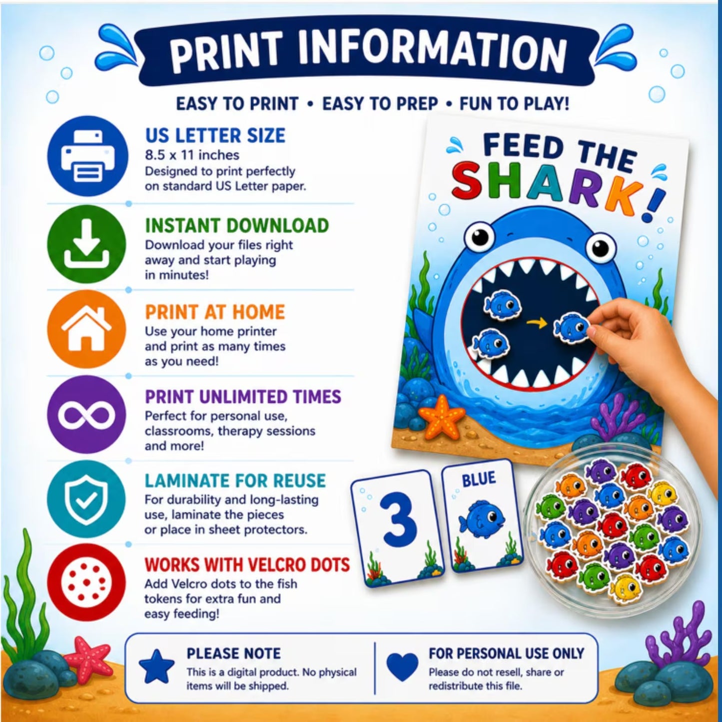Feed the Shark Counting Game Printable | Numbers 1–10 & Color Recognition | Preschool Math Activity