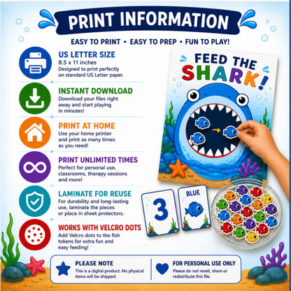Feed the Shark Counting Game Printable | Numbers 1–10 & Color Recognition | Preschool Math Activity