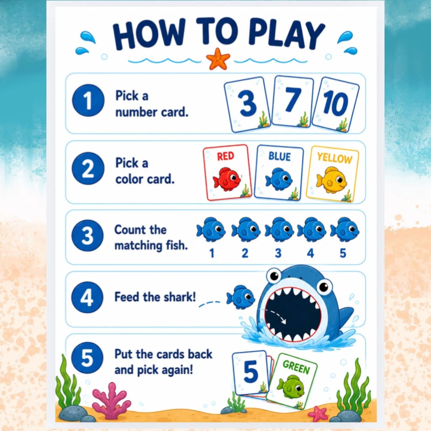 Feed the Shark Counting Game Printable | Numbers 1–10 & Color Recognition | Preschool Math Activity