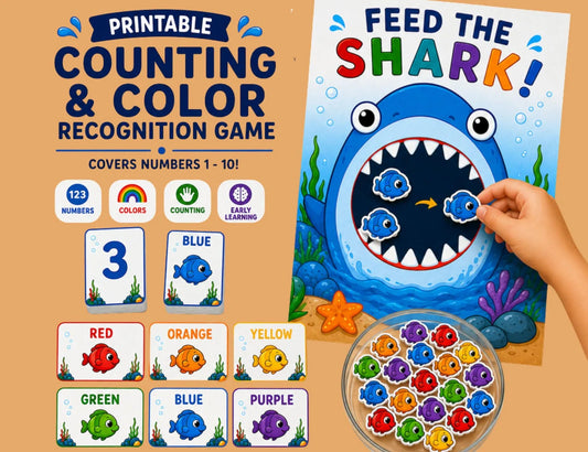 Feed the Shark Counting Game Printable | Numbers 1–10 & Color Recognition | Preschool Math Activity