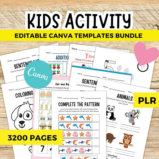 Kids Activity Bundle – 3200+ Editable Canva Templates, PLR Worksheets, Learning Activities, Crafts, Games & Coloring Pages | Digital Products Download