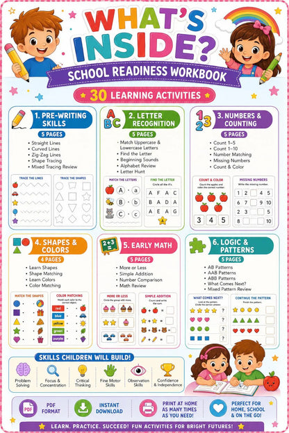 Kindergarten Readiness Workbook Ages 4-6 | 30 Printable Preschool & Pre-K Learning Activities | Letter Tracing, Numbers, Shapes, Early Math, Patterns & Pre-Writing Worksheets | Homeschool PDF