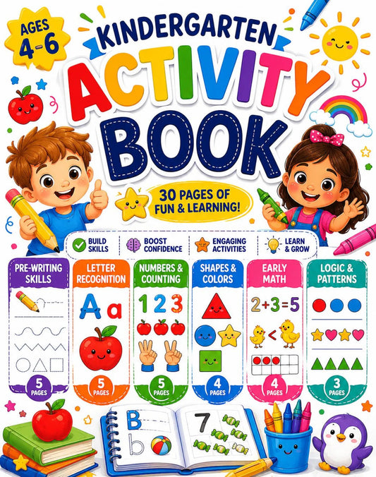 Kindergarten Readiness Workbook Ages 4-6 | 30 Printable Preschool & Pre-K Learning Activities