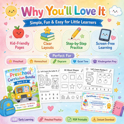 Preschool Curriculum Bundle Ages 3–4 | 200+ Worksheets