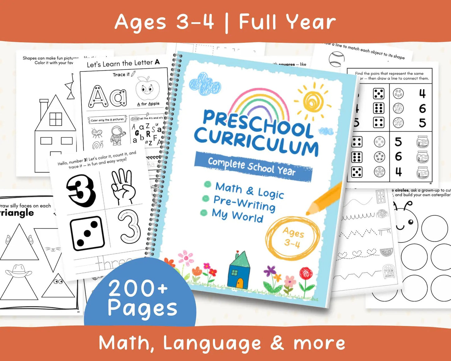 Preschool Learning Worksheets Bundle Ages 3-4 | 200+ Pre-K Printable Activities | ABC Alphabet, Number Tracing, Writing Practice, Counting, Homeschool Curriculum | Back to School Workbook PDF
