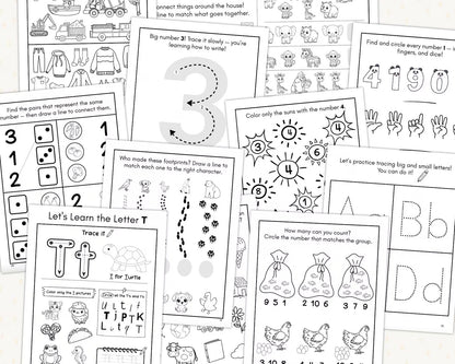 Preschool Learning Worksheets Bundle Ages 3-4 | 200+ Pre-K Printable Activities | ABC Alphabet, Number Tracing, Writing Practice, Counting, Homeschool Curriculum | Back to School Workbook PDF