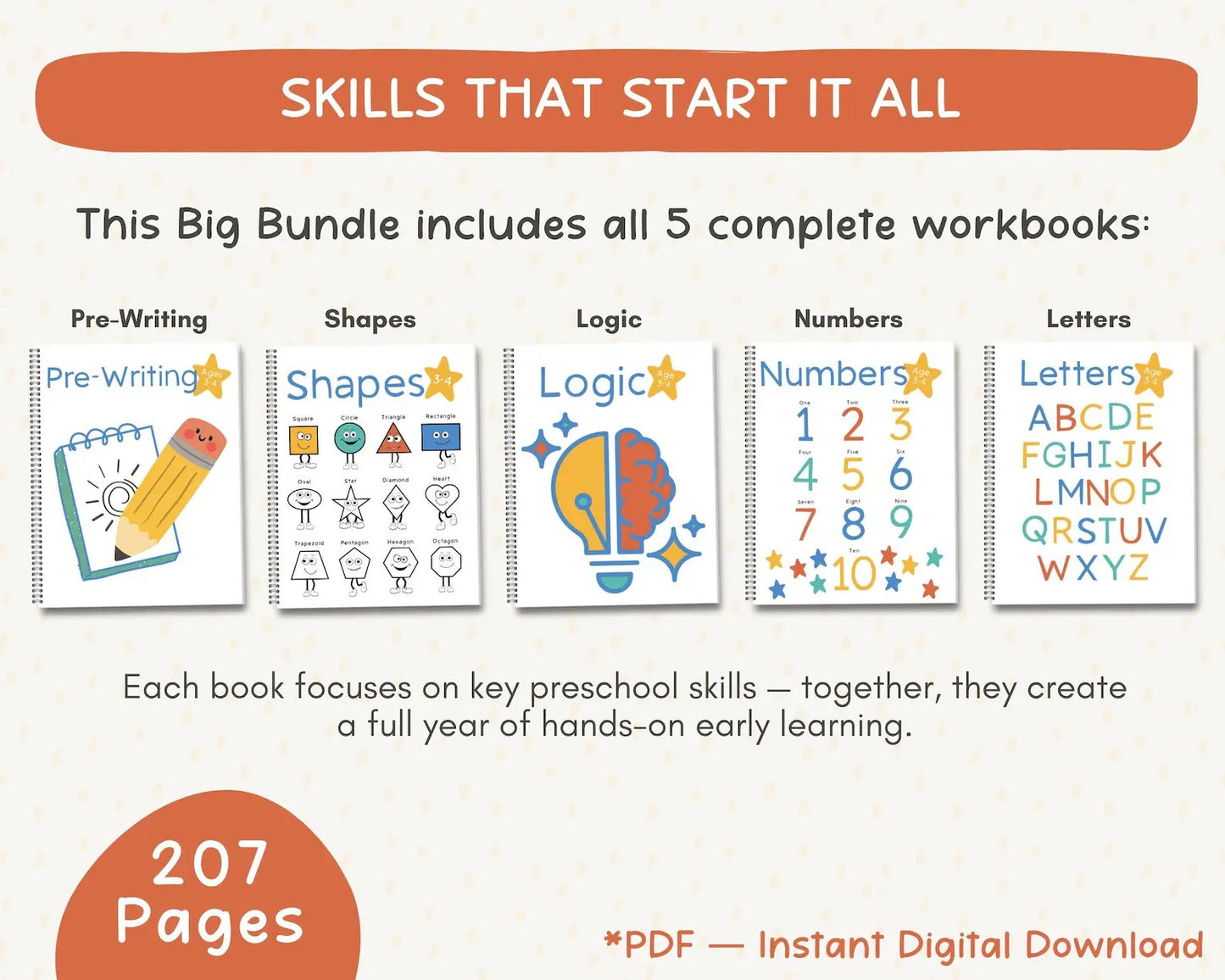 Preschool Learning Worksheets Bundle Ages 3-4 | 200+ Pre-K Printable Activities | ABC Alphabet, Number Tracing, Writing Practice, Counting, Homeschool Curriculum | Back to School Workbook PDF