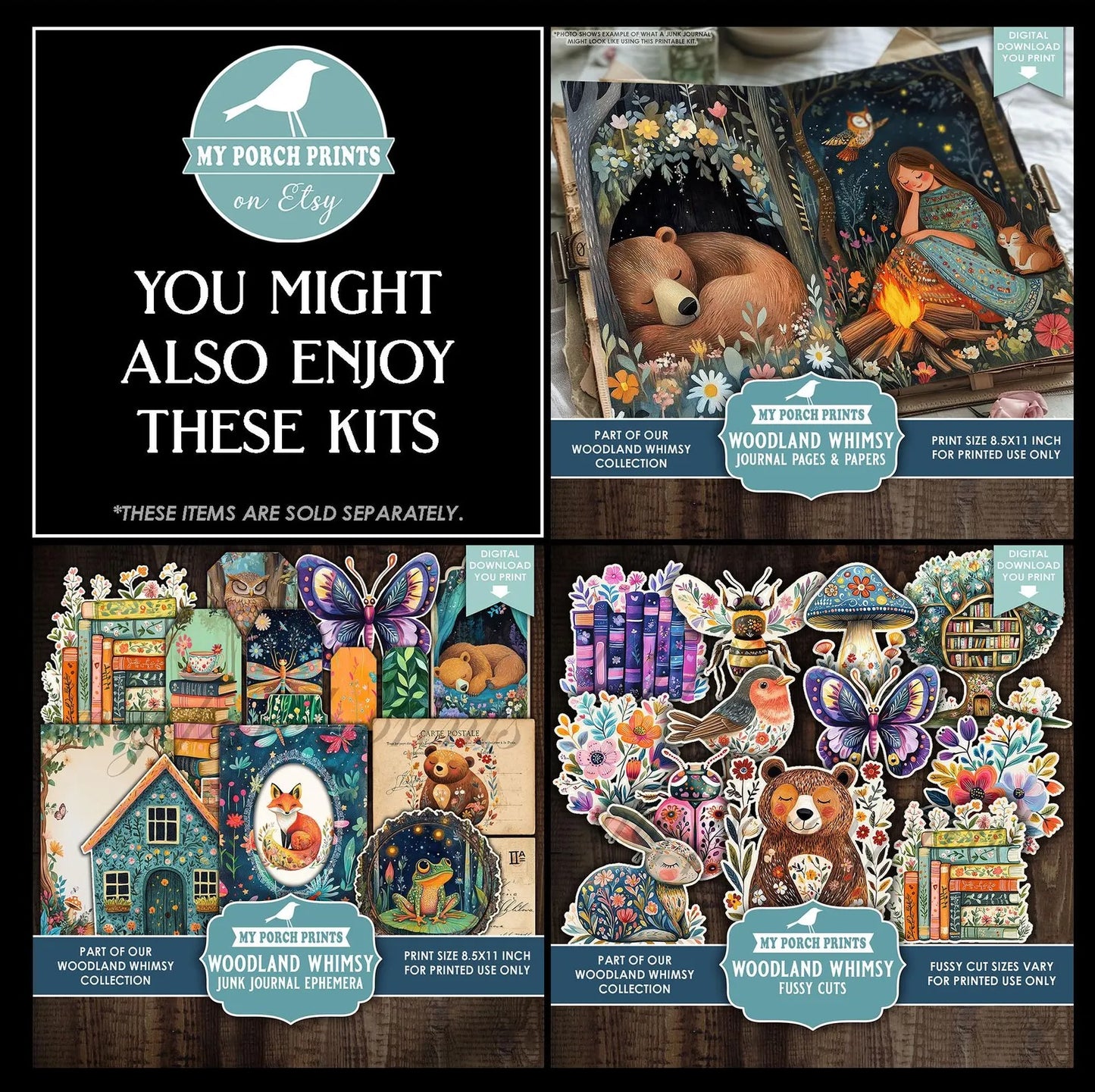 Woodland Whimsy Junk Journal Kit | Printable Journal Pages & Decorative Papers | Forest Fairytale Kids Animals Digital Download