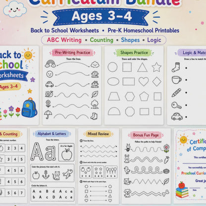 Preschool Curriculum Bundle Ages 3–4 | 200+ Worksheets