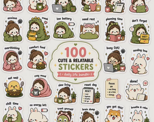 Digital Planner Stickers Bundle – 100 Cute PNG GoodNotes Stickers for Daily Life, Self Care, Cozy Aesthetic iPad Journal | Digital Products